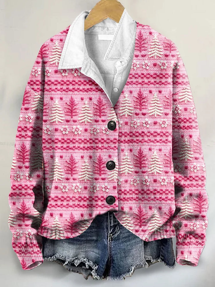 Cute Pink Christmas Tree Art Print Buttoned V-neck Cardigan Sweater