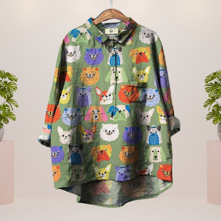 Freya | Fun Dog Print Button-Up Shirt