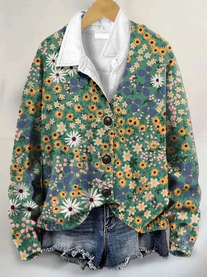 Nature Lover Wild Floral Art Print Buttoned V-neck Cardigan Sweater