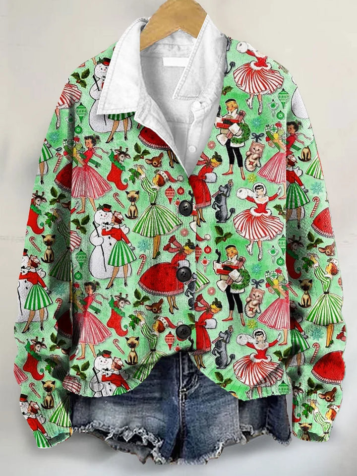 Vintage Cute Christmas Art Print Buttoned V-neck Cardigan Sweater