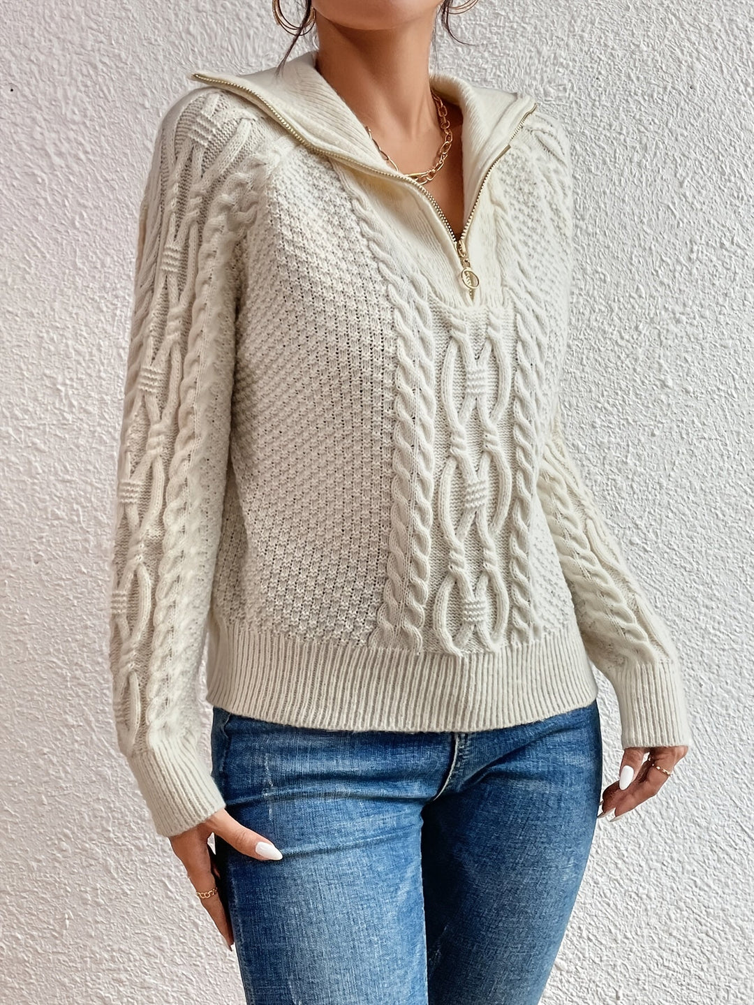 Harlow | Cable Knit Sweater with Zipper Collar