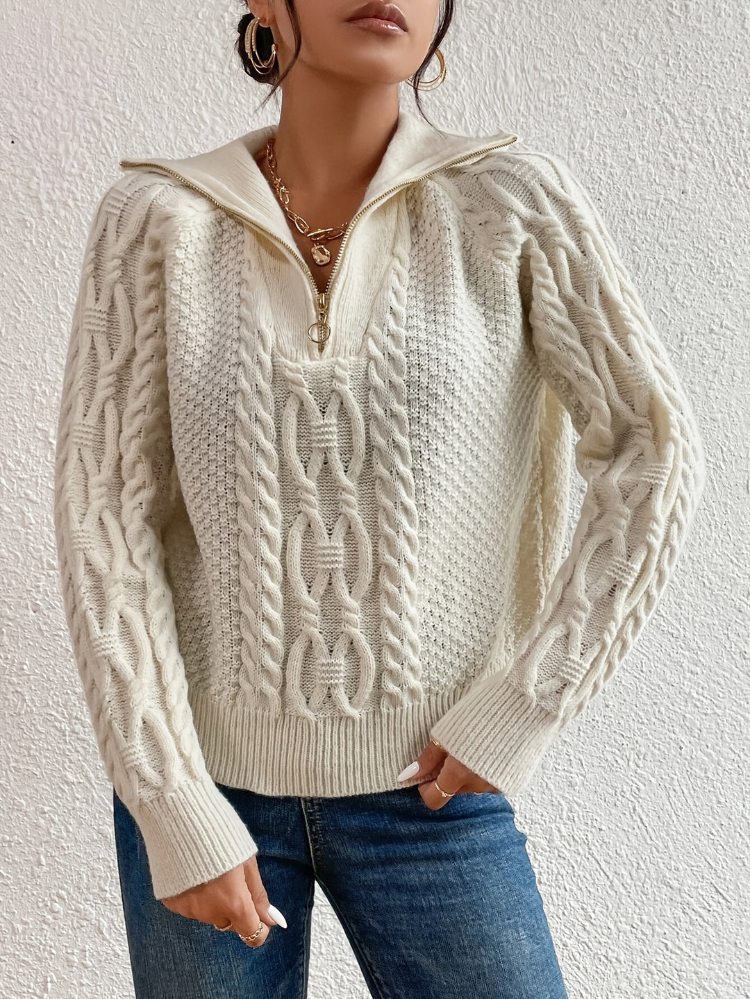 Harlow | Cable Knit Sweater with Zipper Collar