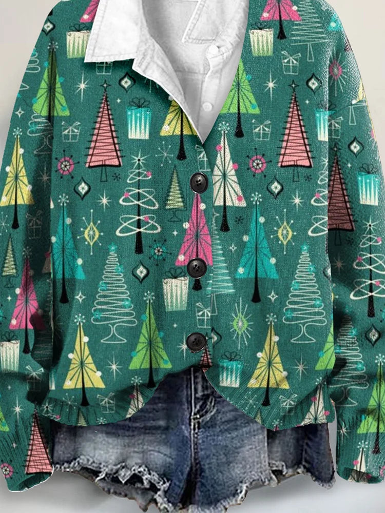 Vintage Christmas Tree Art Print Buttoned V-neck Cardigan Sweater