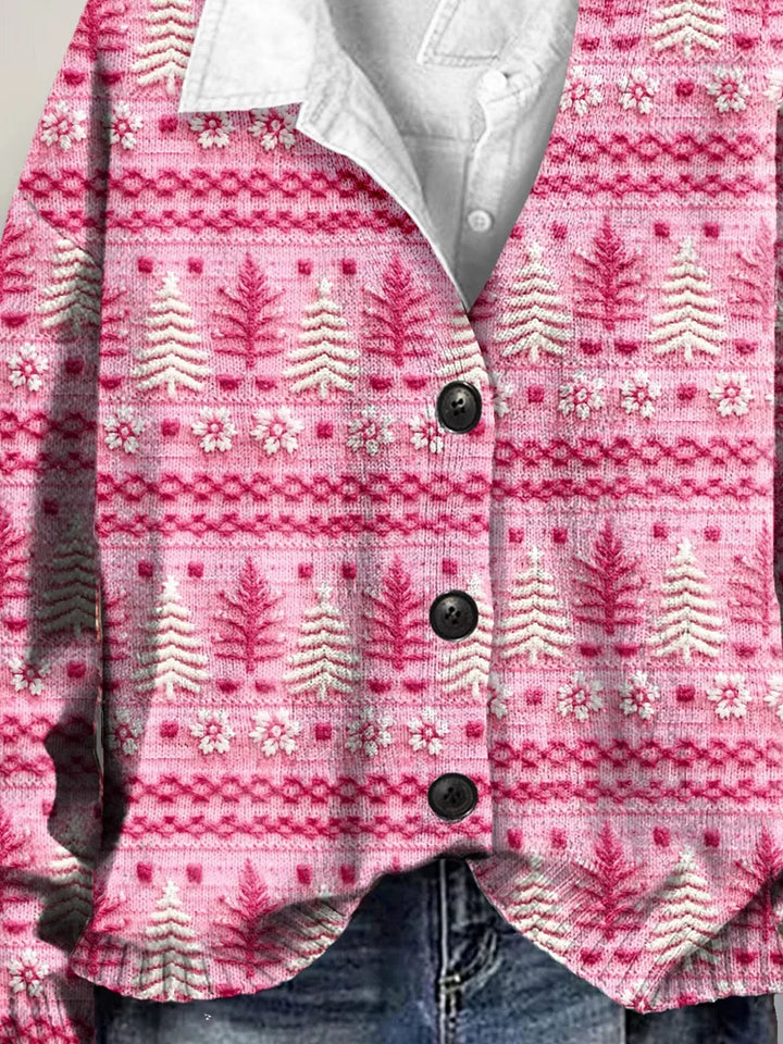 Cute Pink Christmas Tree Art Print Buttoned V-neck Cardigan Sweater