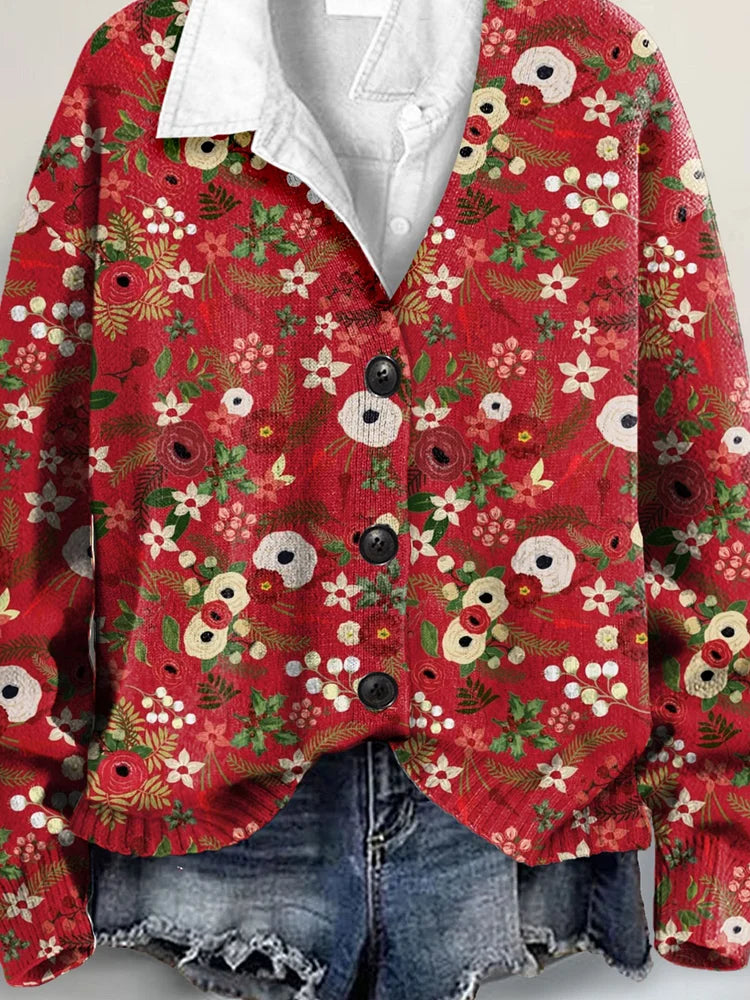Lovely Christmas Floral  Art Print Buttoned V-neck Cardigan Sweater