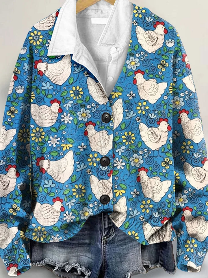 Cute Chicken Lover Art Print Buttoned V-neck Cardigan Sweater