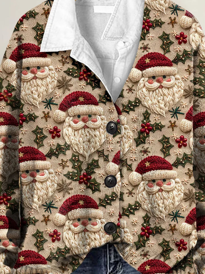 Santa Christmas 3D Art Print Buttoned V-neck Cardigan Sweater