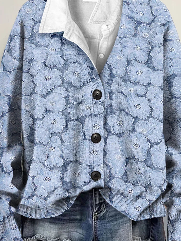 Lovely Lace Floral 3D Art Print Buttoned V-neck Cardigan Sweater