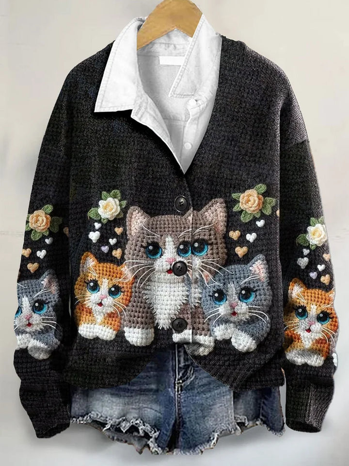 Cat Art Print Buttoned V-neck Cardigan Sweater