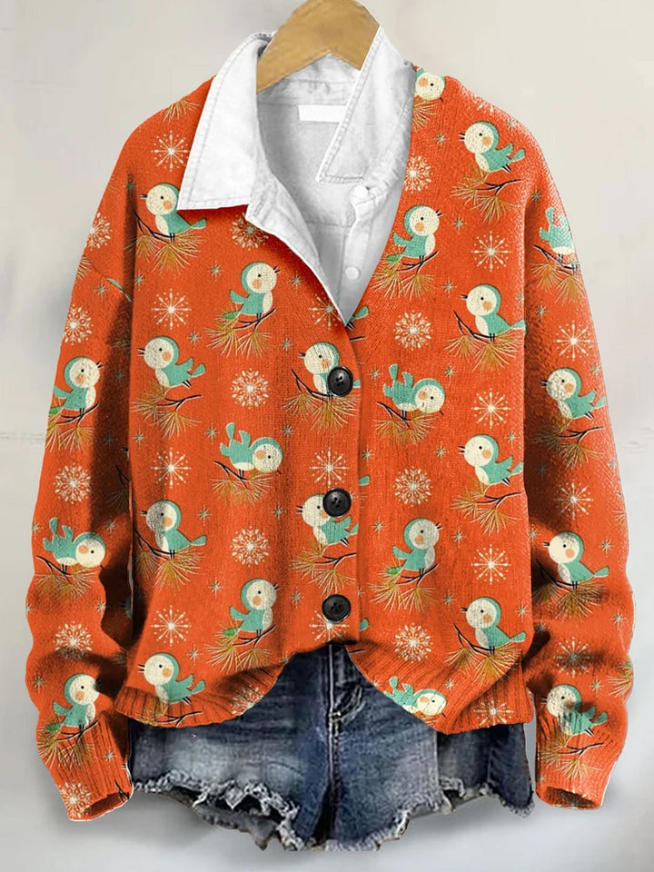Vintage Cute Christmas Art Print Buttoned V-neck Cardigan Sweater