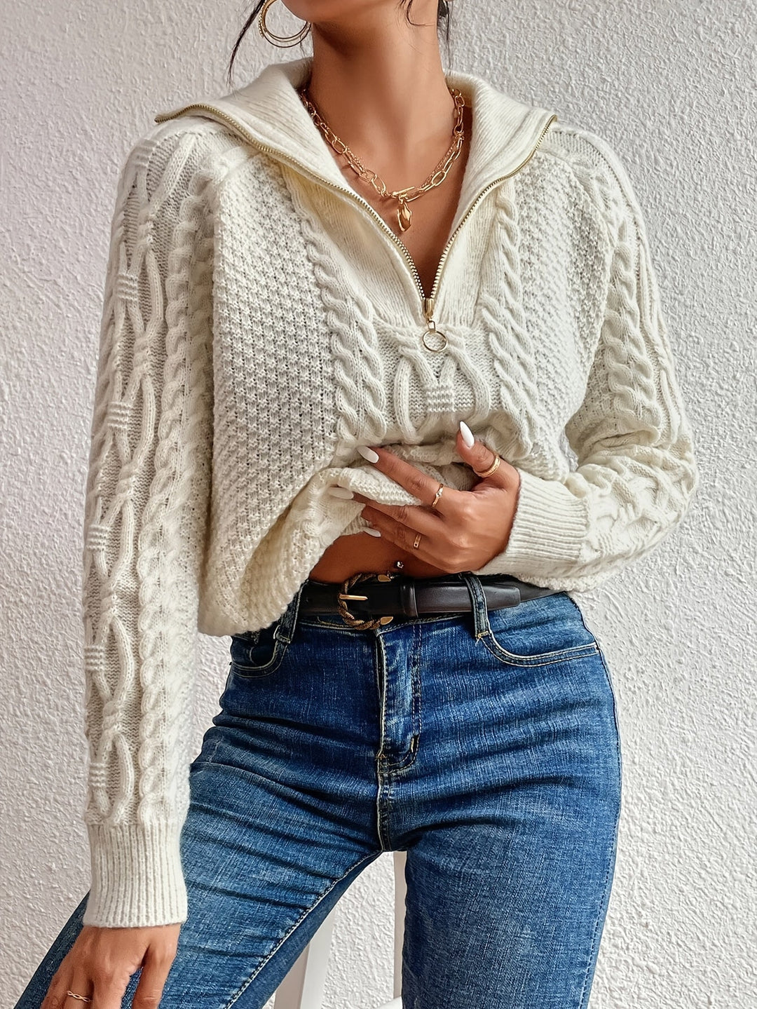 Harlow | Cable Knit Sweater with Zipper Collar