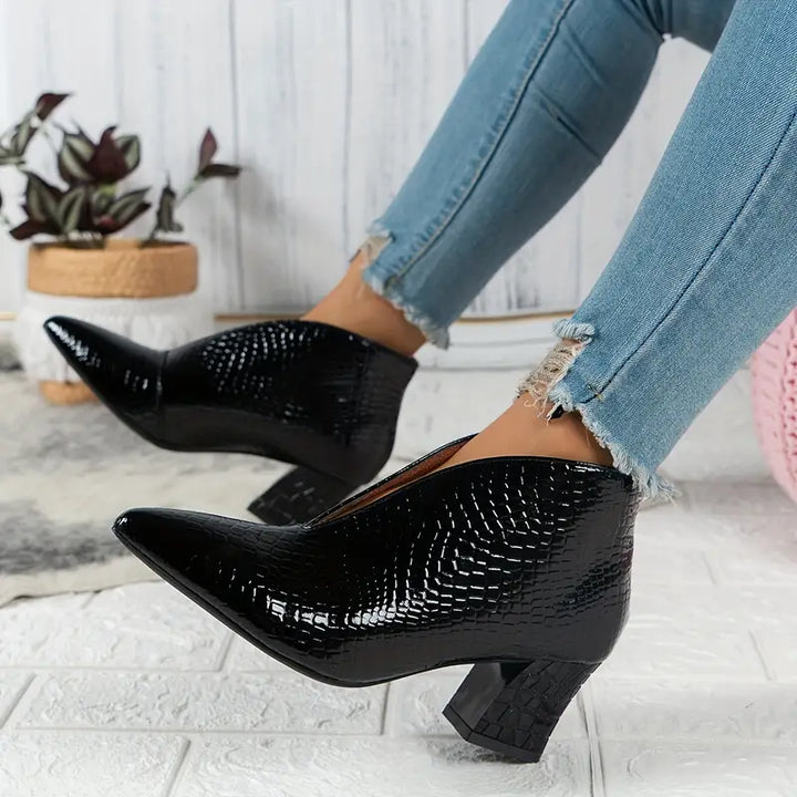 Women's Textured Ankle Boots with Curved Cut and Mid Block Heel