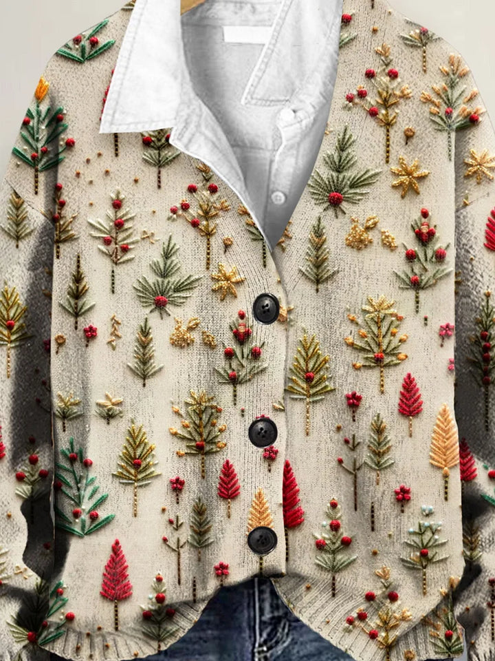 Cute Christmas Tree Art Print Buttoned V-neck Cardigan Sweater
